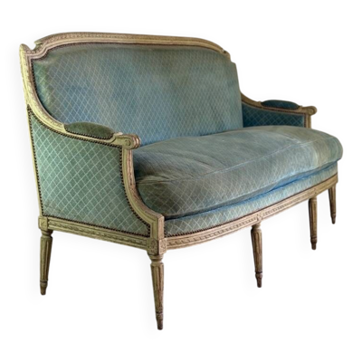 Banquette Louis XVI en bois sculpté et peint vert clair, XVIIIème siècle