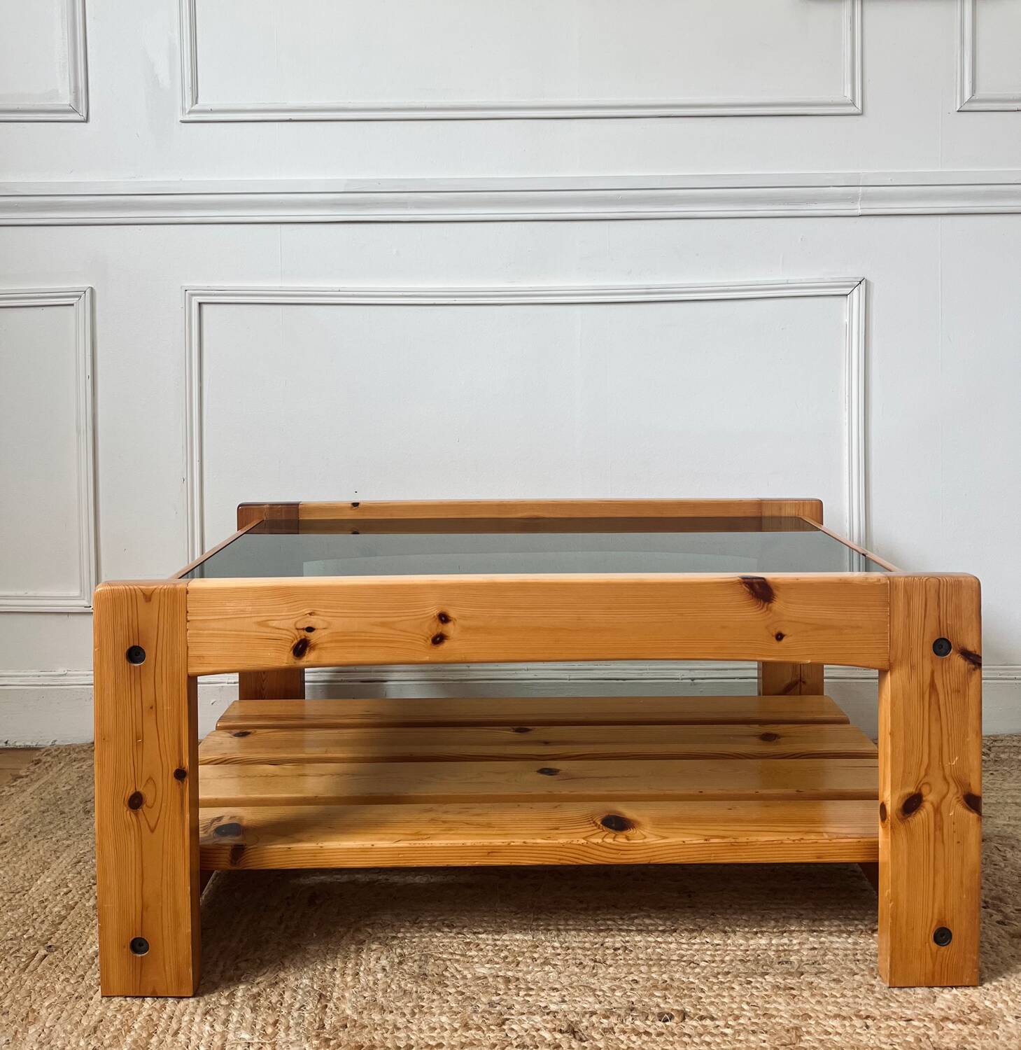 Vintage pine and glass coffee table