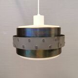 Metal hanging lamp with top and bottom grid of hard moulded plastic. Estimated 1970s.