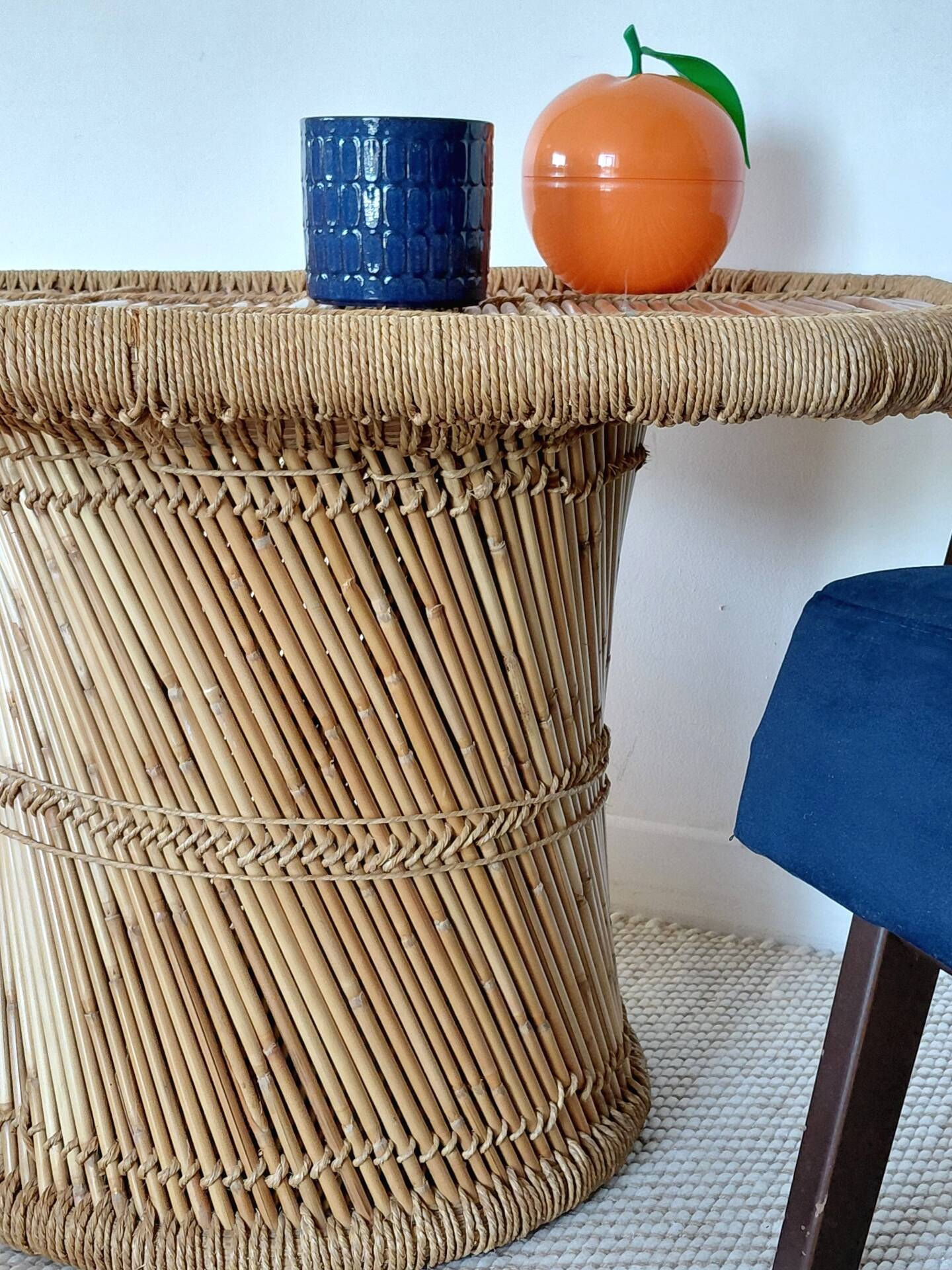 Vintage coffee table with braided cord in Audoux Minet bamboo style/1970s