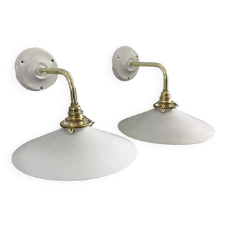 Pair of vintage white opaline wall lights