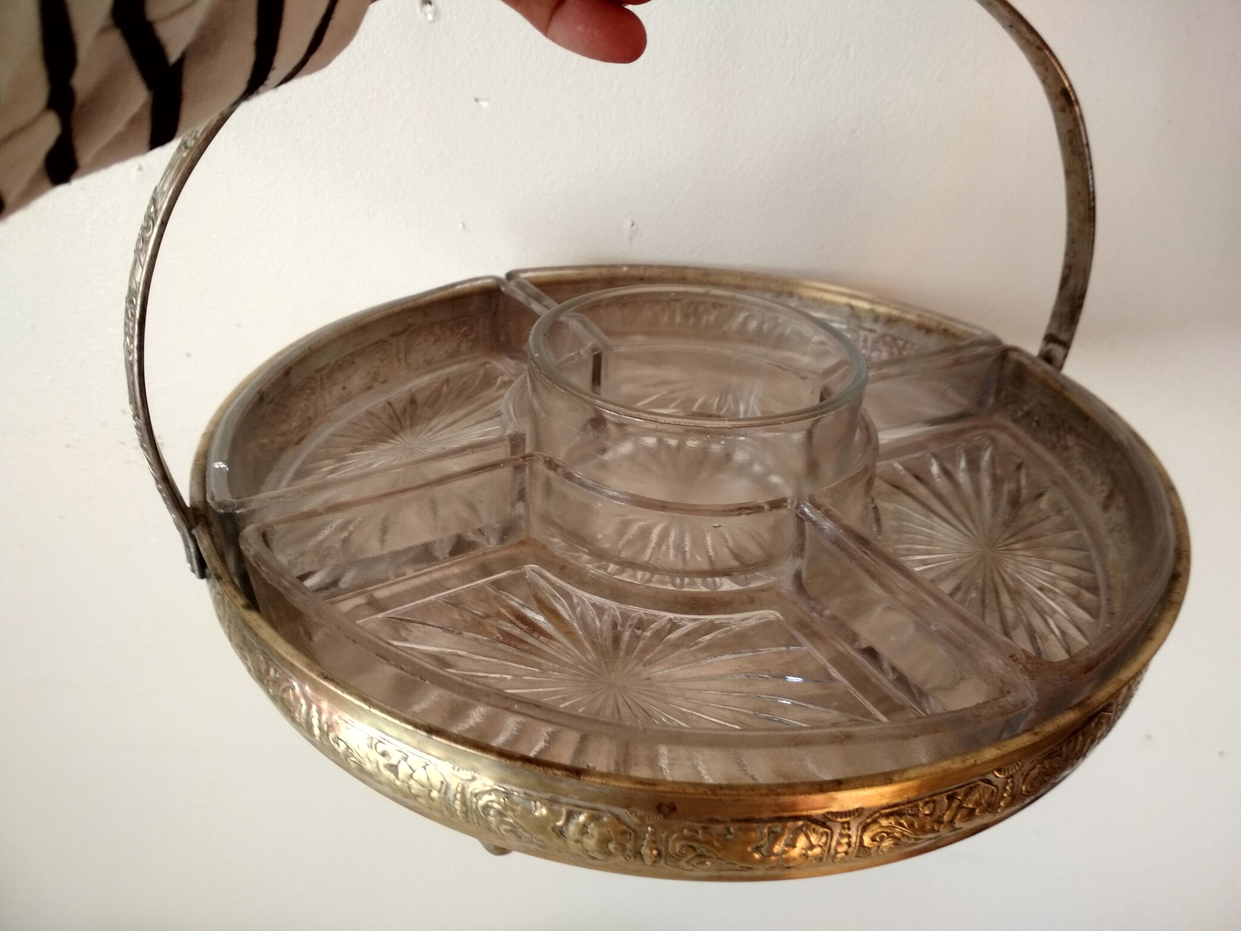 Appetizer tray, servant silver metal and its 5 ramekins 1930s cut glass