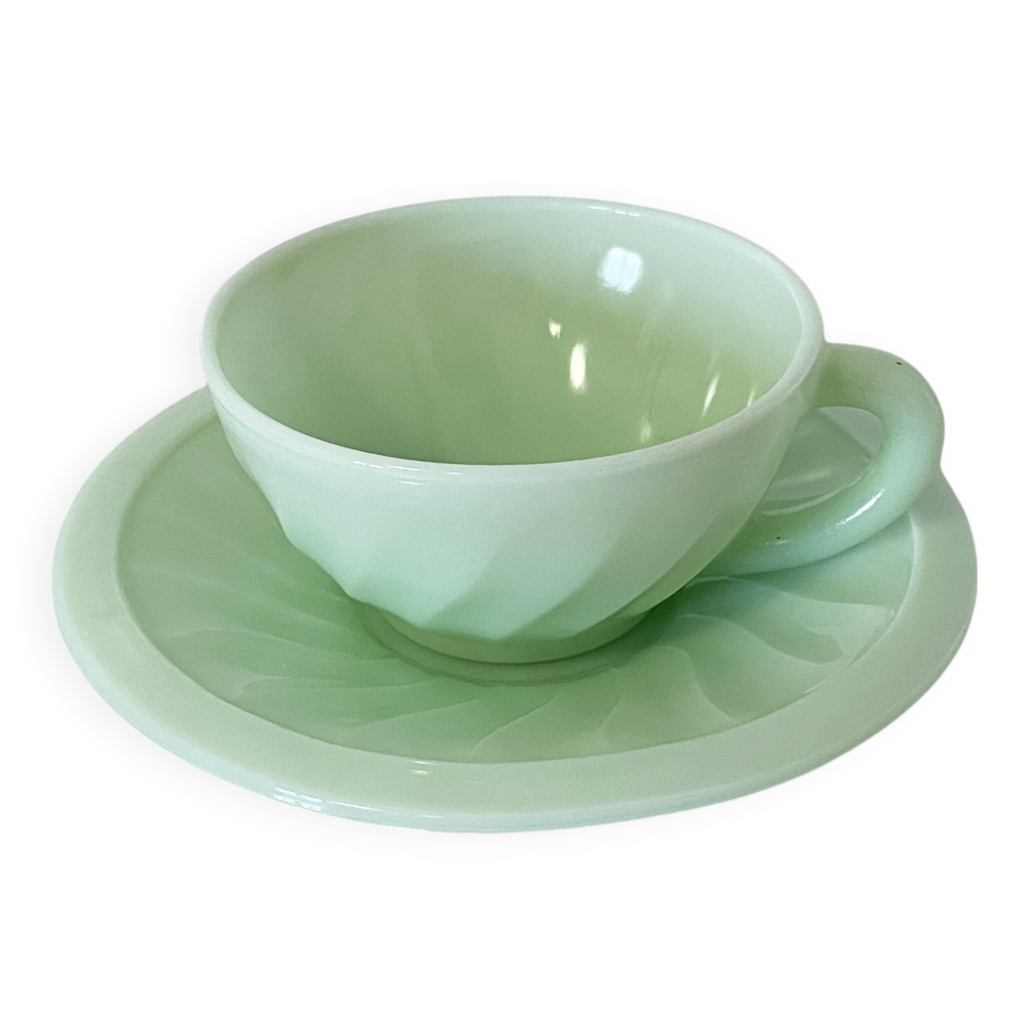Mint Green Opaline Coffee Cup and Saucer with Swirl Motif, Vintage Art Deco