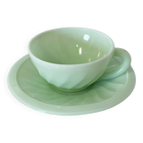Mint Green Opaline Coffee Cup and Saucer with Swirl Motif, Vintage Art Deco