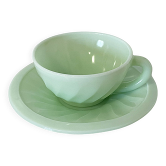Mint Green Opaline Coffee Cup and Saucer with Swirl Motif, Vintage Art Deco