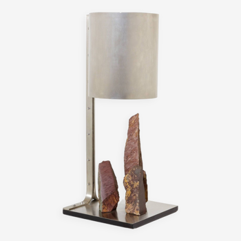 Brutalist lamp signed Philippe Jean steel and red schist 1970