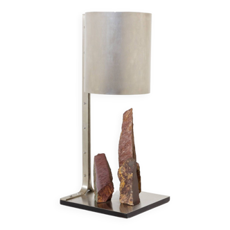 Brutalist lamp signed Philippe Jean steel and red schist 1970