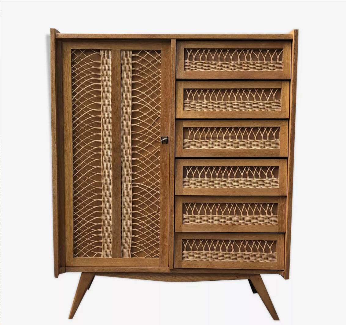 Commode bois et rotin 1/2 armoire