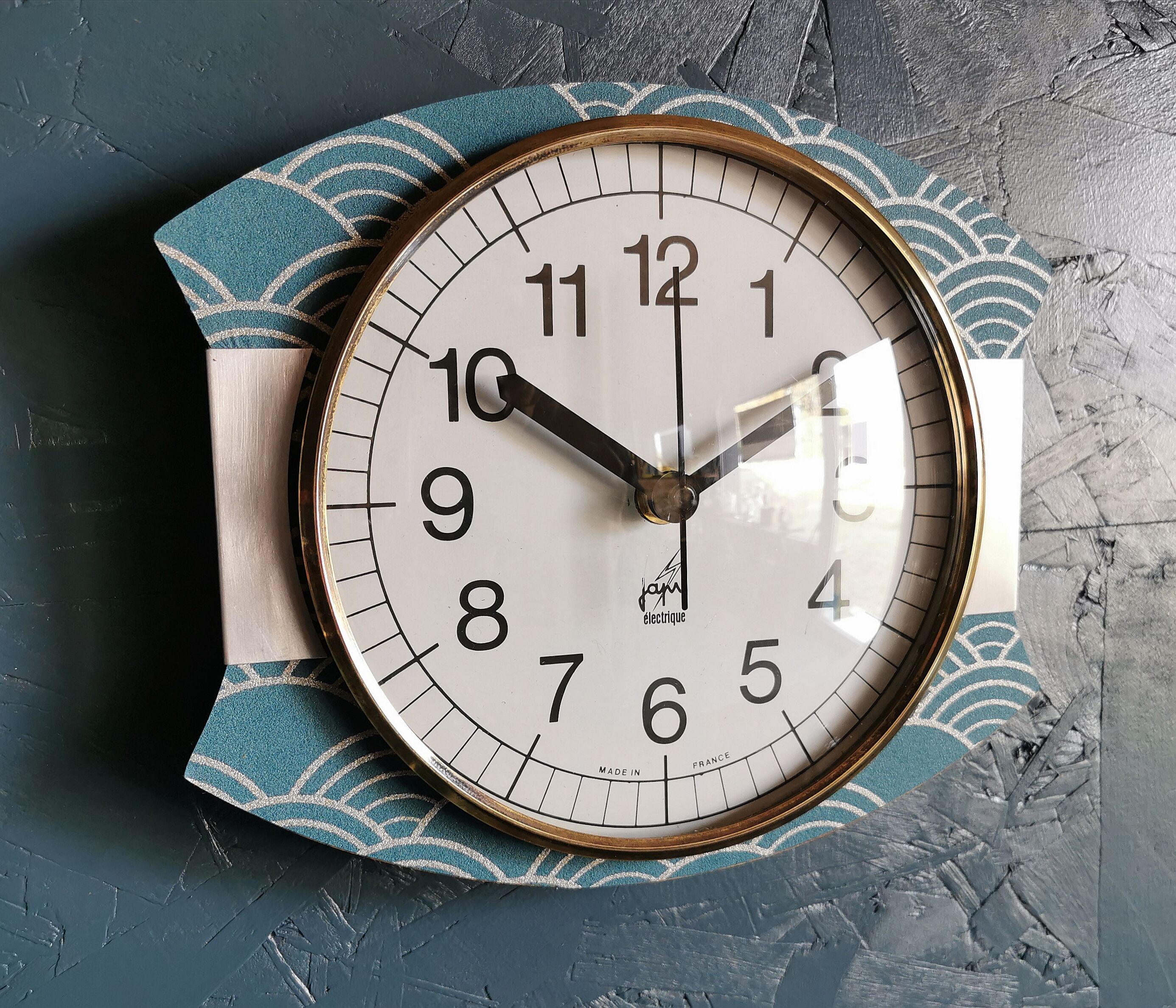 Vintage clock silent rectangular wall clock Japy blue silver