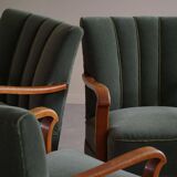 Danish Art Deco, set of 3 oak armchairs, reupholstered in green mohair, 1930s.