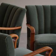 Danish Art Deco, set of 3 oak armchairs, reupholstered in green mohair, 1930s.