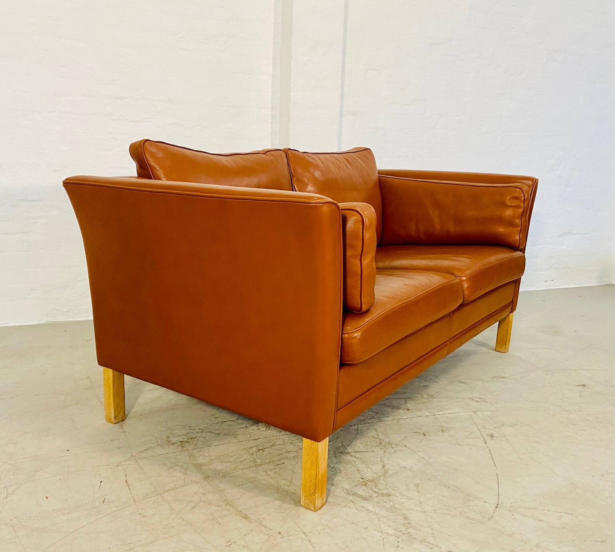 Vintage retro danish mogens hansen 2 person cognac leather sofa