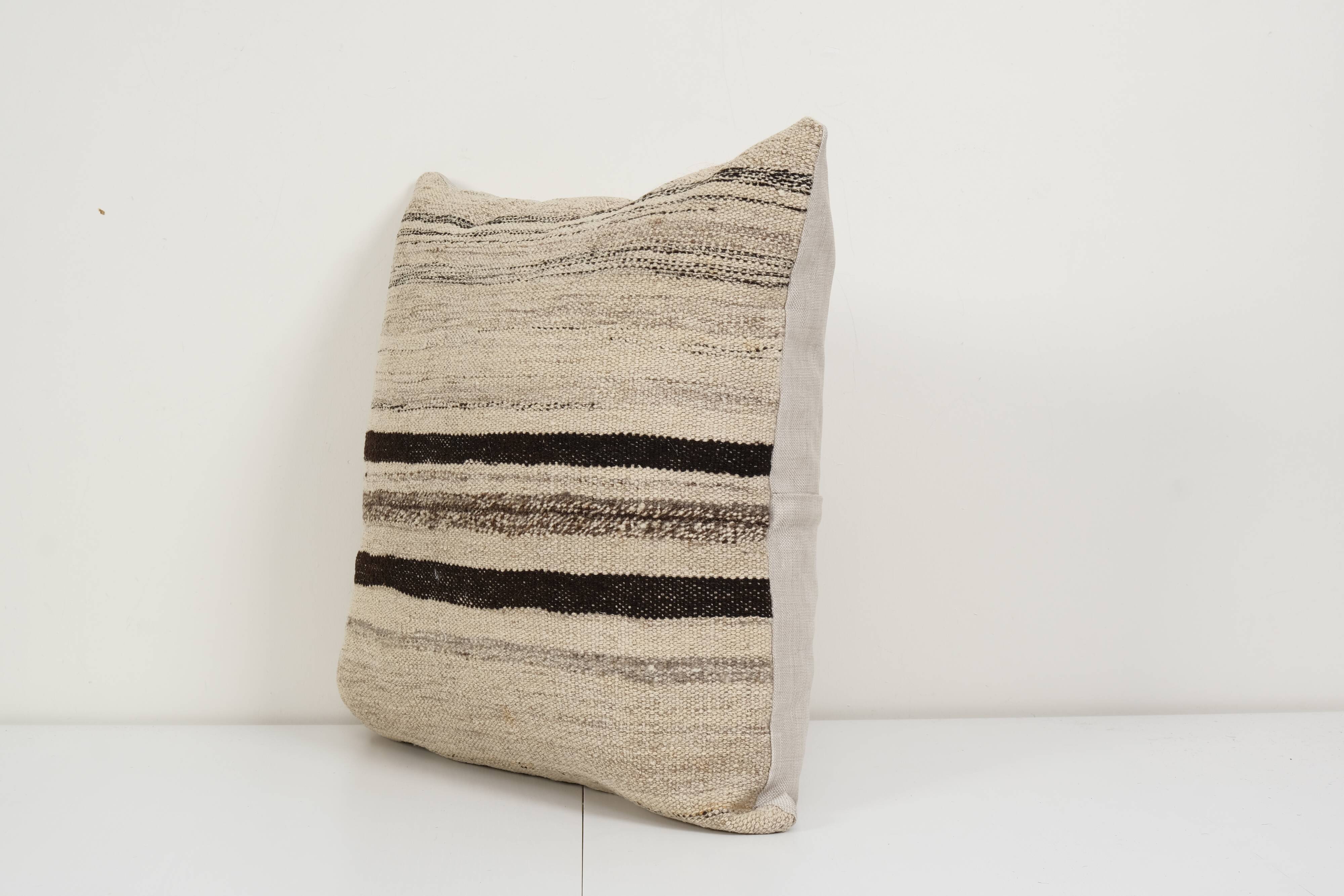24" x 24" vintage minimalist style hemp pillow with original details, oversize wool turkish kilim
