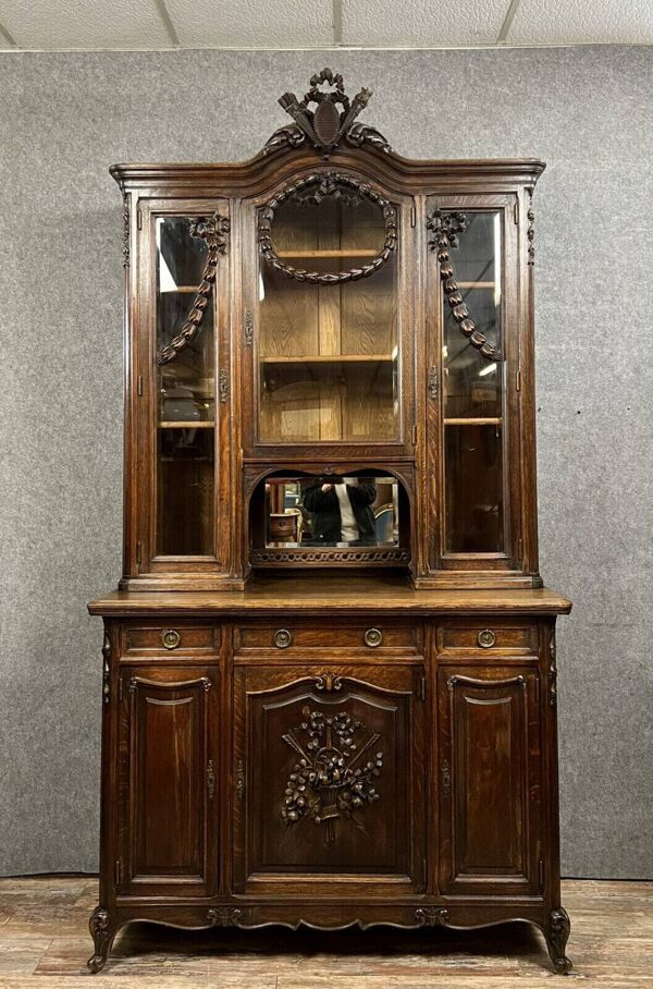 Buffet bibliothèque style Louis XV / Transition en chêne massif vers 1880