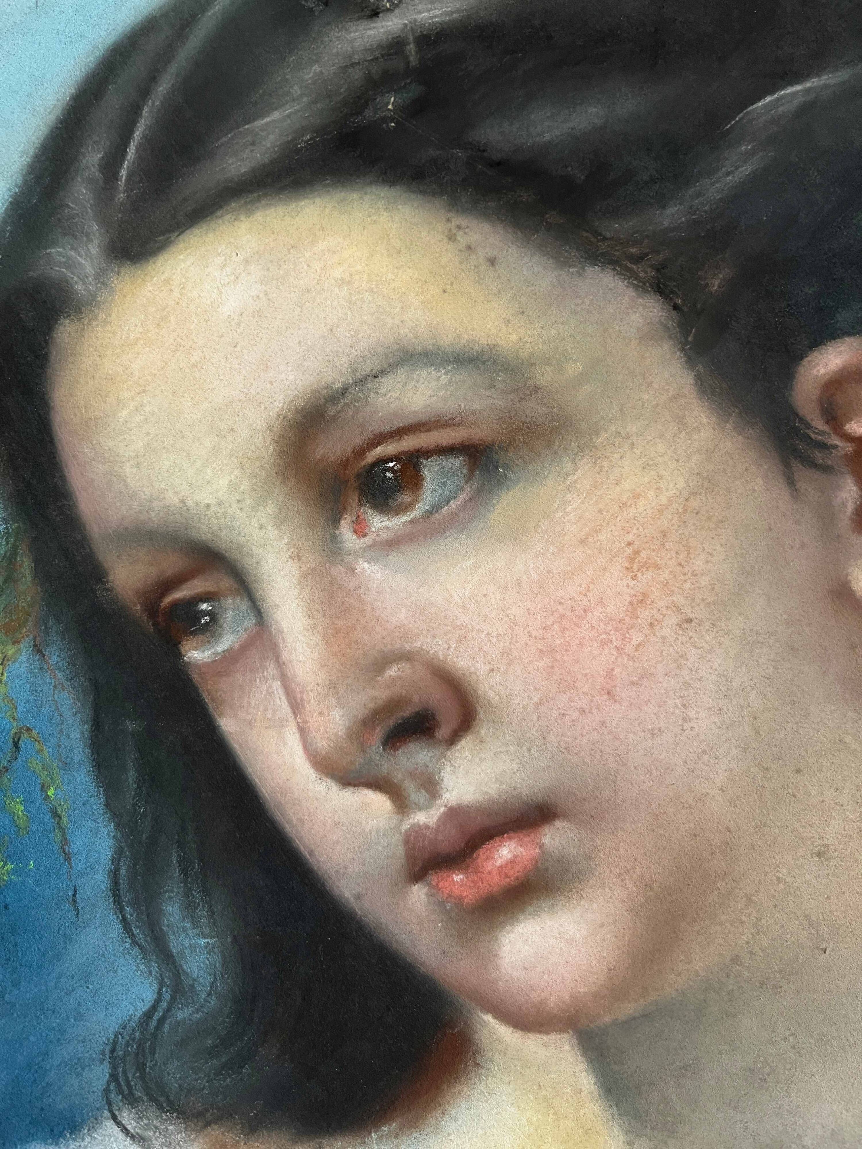 Tableau Pastel 1857 "Jeune fille aux fruits" par Mme Ganthenet