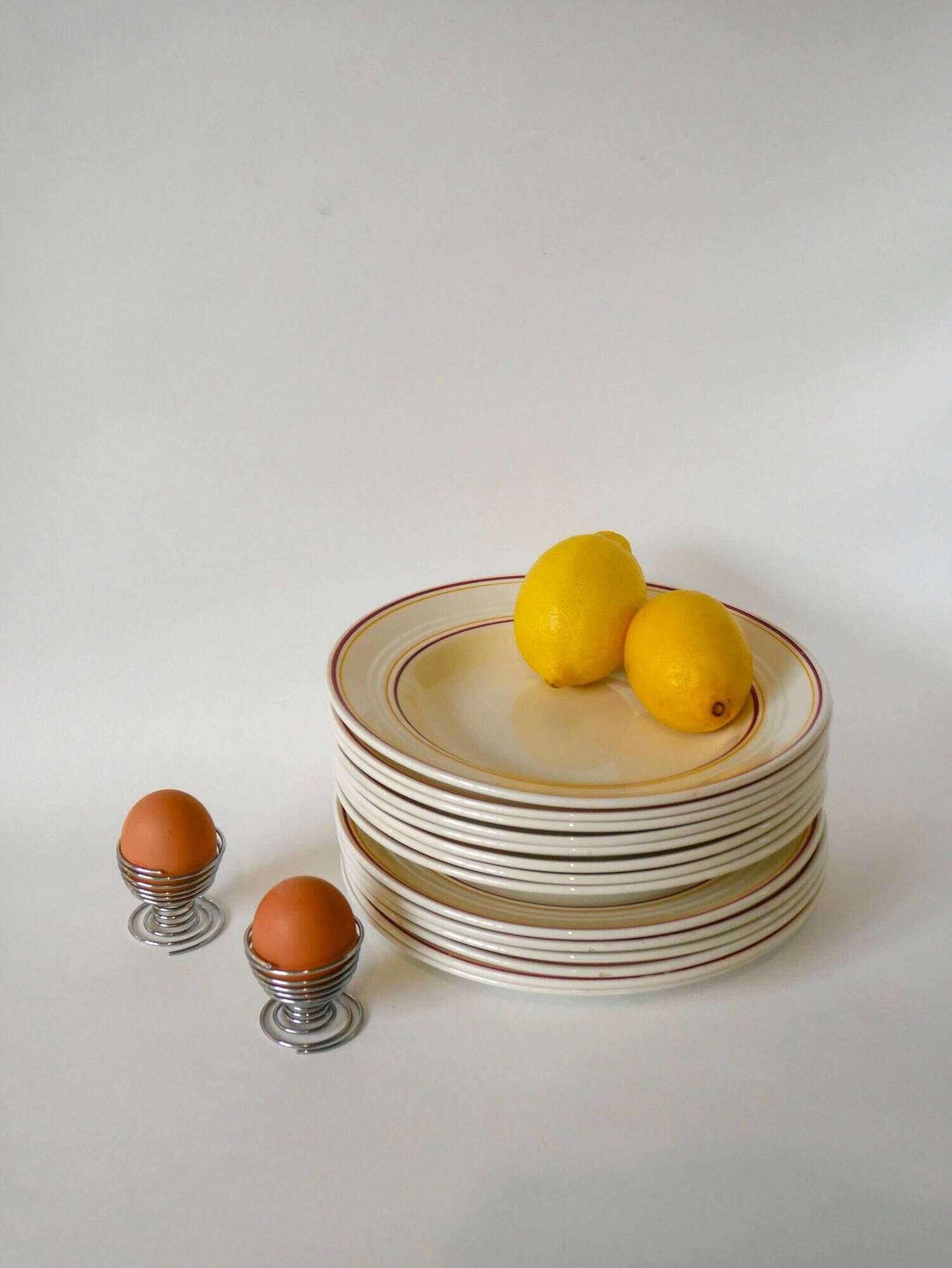 set of 6 Digoin Sarreguemines flat plates with red and yellow edging 1960