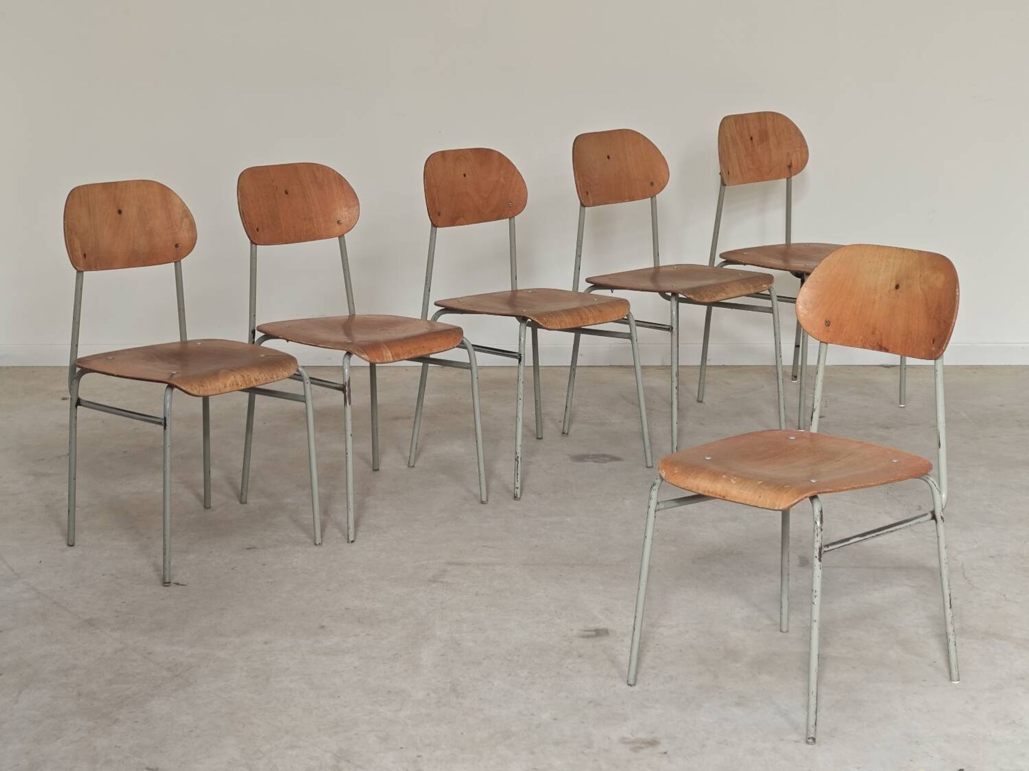 Set of 6 metal and wood school chairs  
Former Czechoslovakia 1960