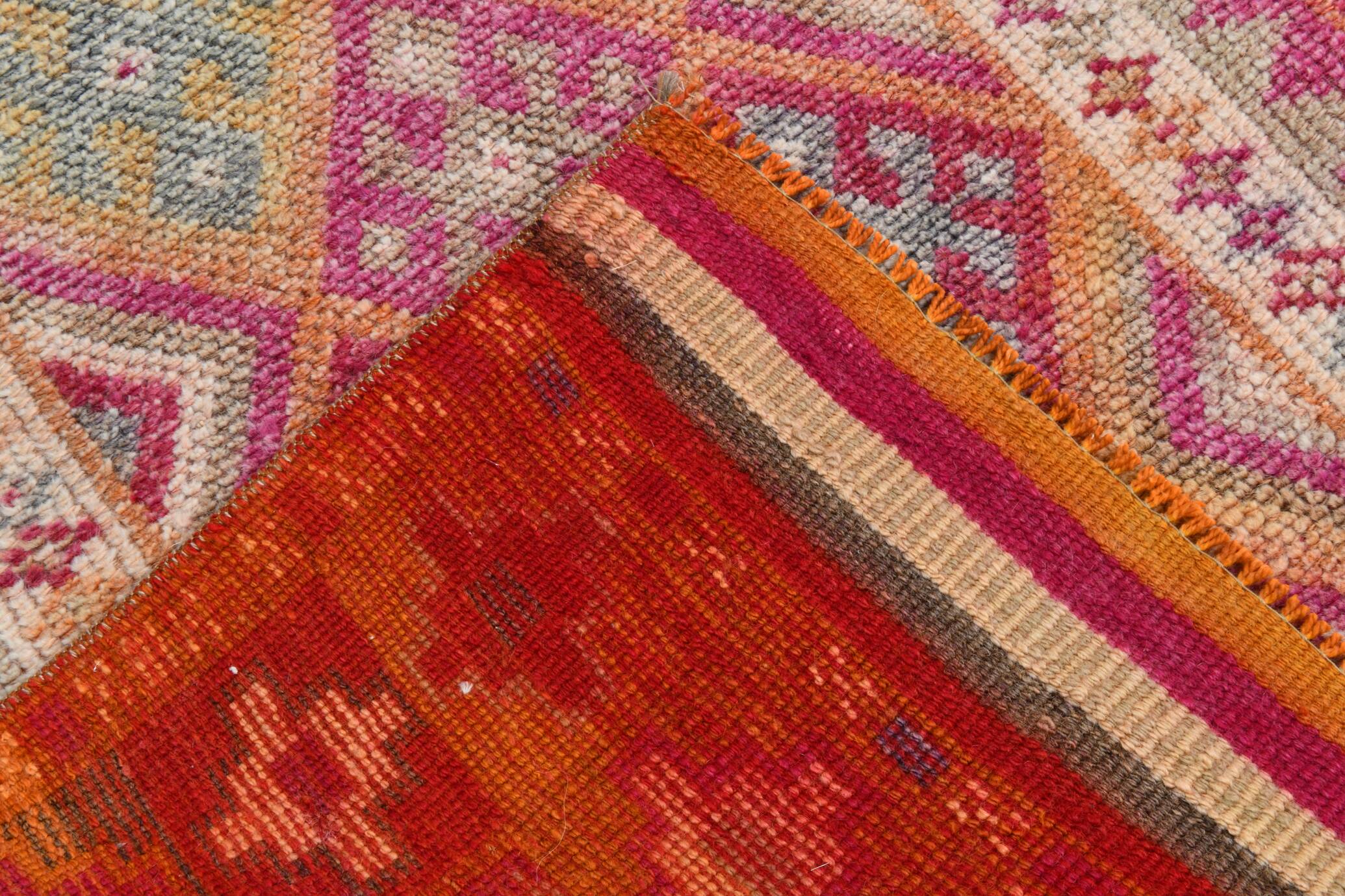 Tapis couloir kilim vintage, Tons pastel rose, bleu et beige, 94x409