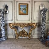 Importante Console Louis XV En Bois Sculpté Et Doré, Marbre Brèche D’alep,