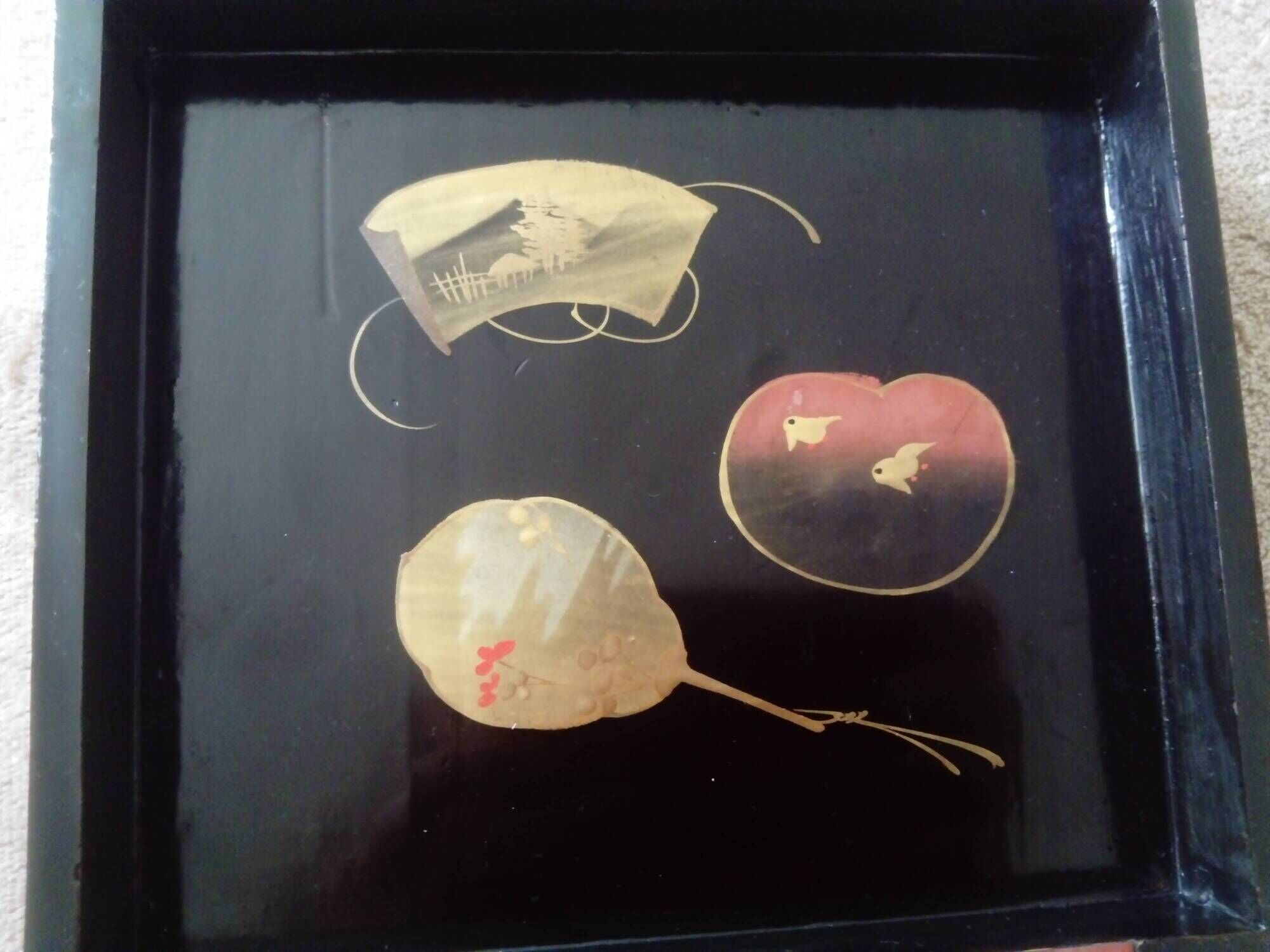 Lacquered wooden jewelry box / box with butterfly and landscape decoration