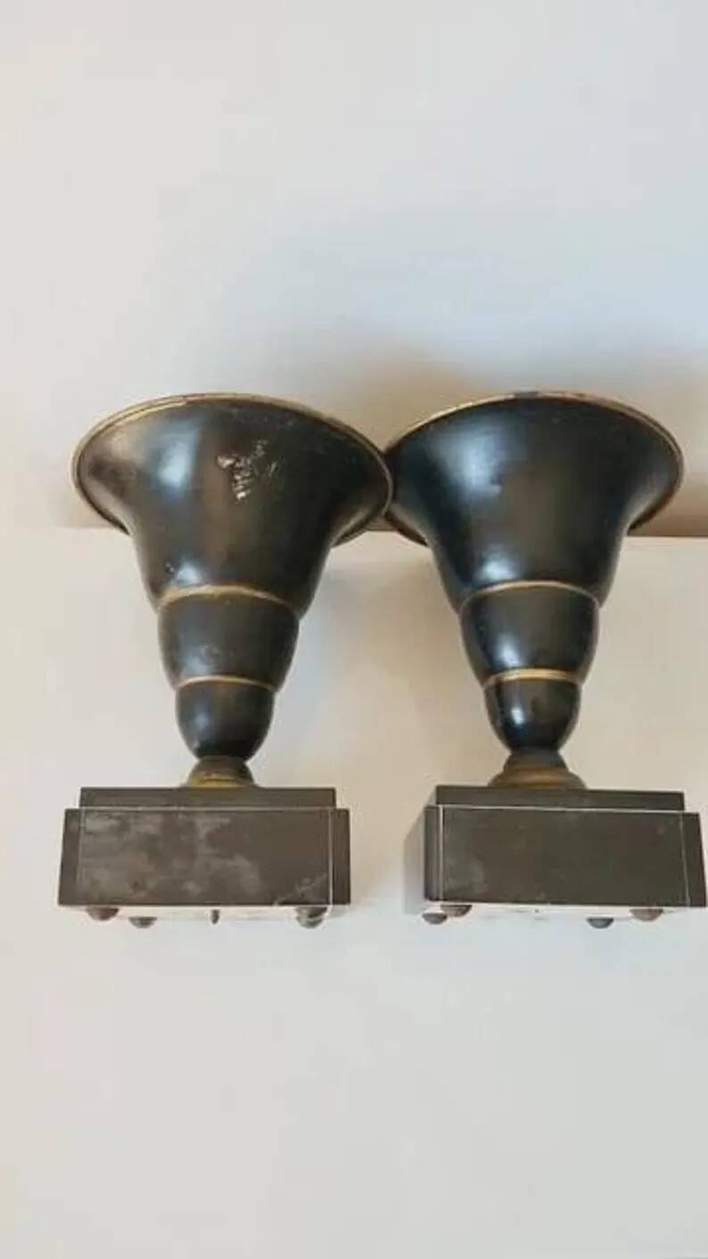 Superb pair of Art Deco enamelled brass cassolettes – black and white marble base – 1930s