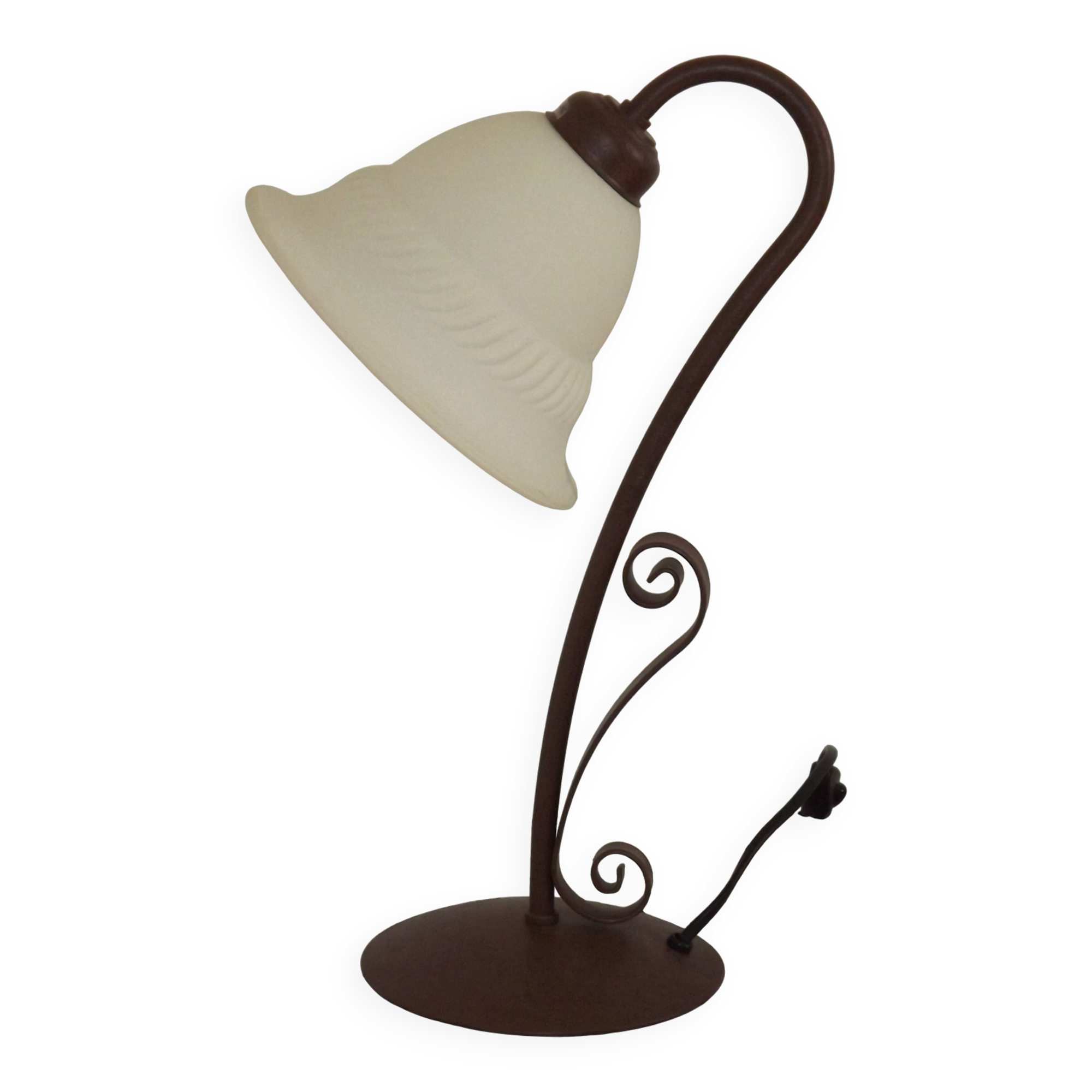Vintage French Brown Metal Goose Neck Lamp With Textured Glass Shade