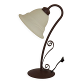 Vintage French Brown Metal Goose Neck Lamp With Textured Glass Shade