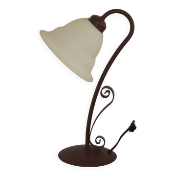 Vintage French Brown Metal Goose Neck Lamp With Textured Glass Shade