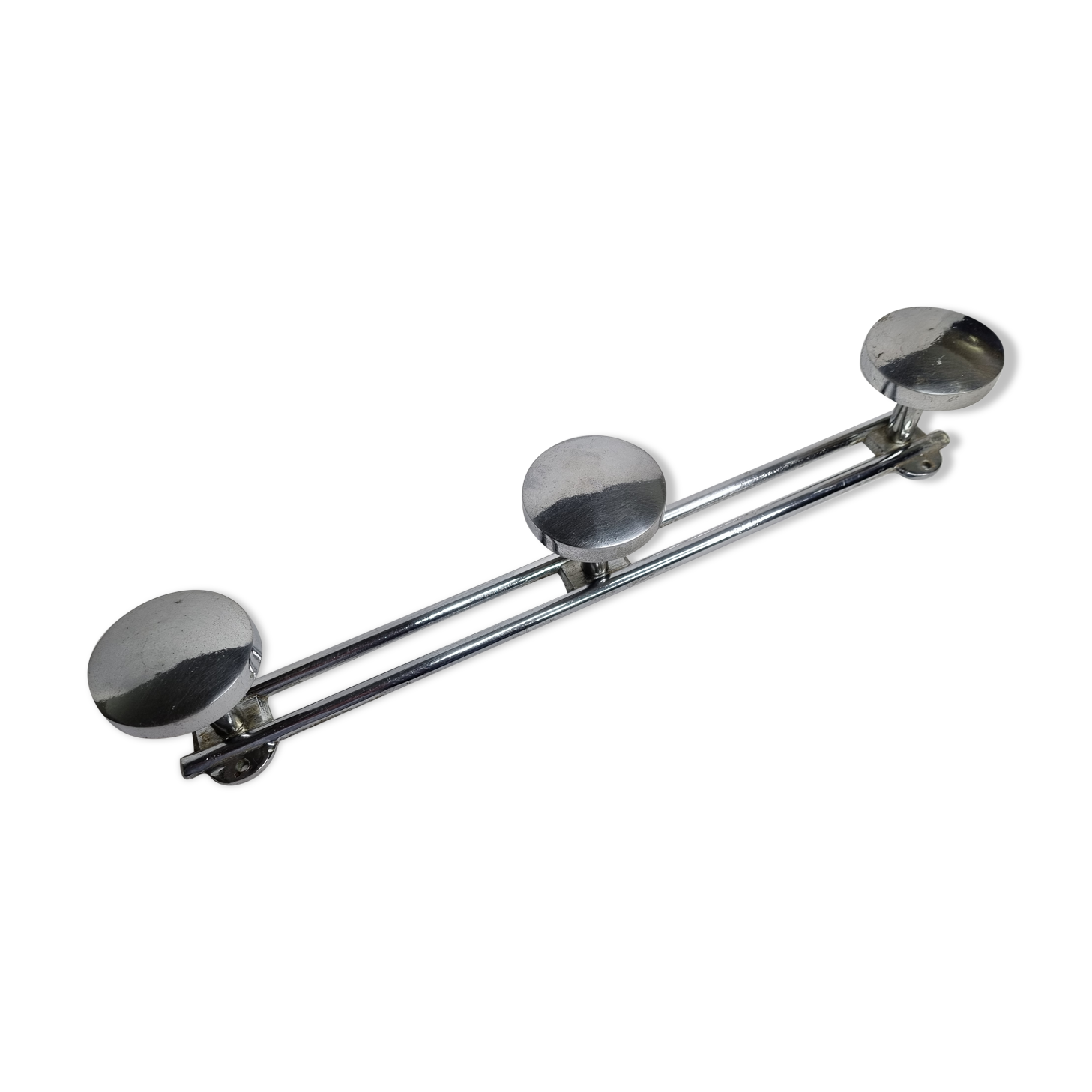 Chrome metal wall coat holder, 3 patères, 39 cm