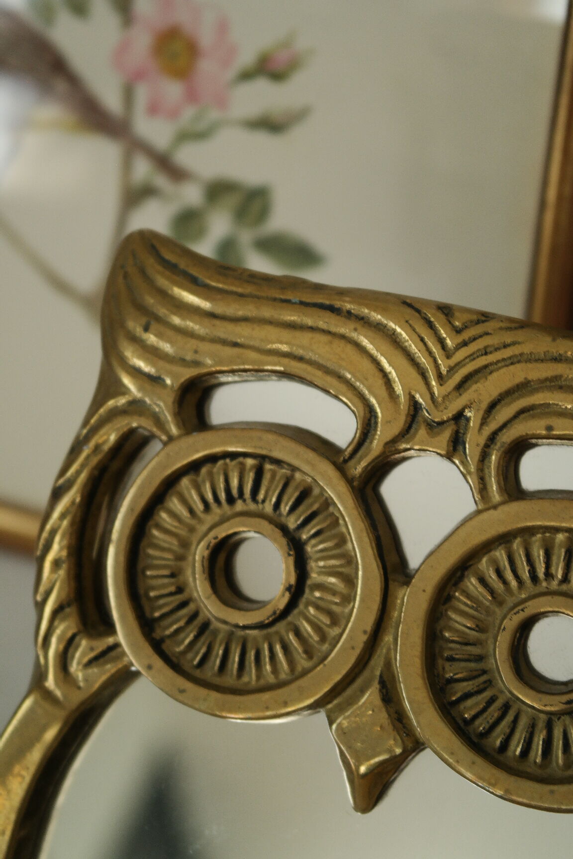 Vintage brass owl table mirror