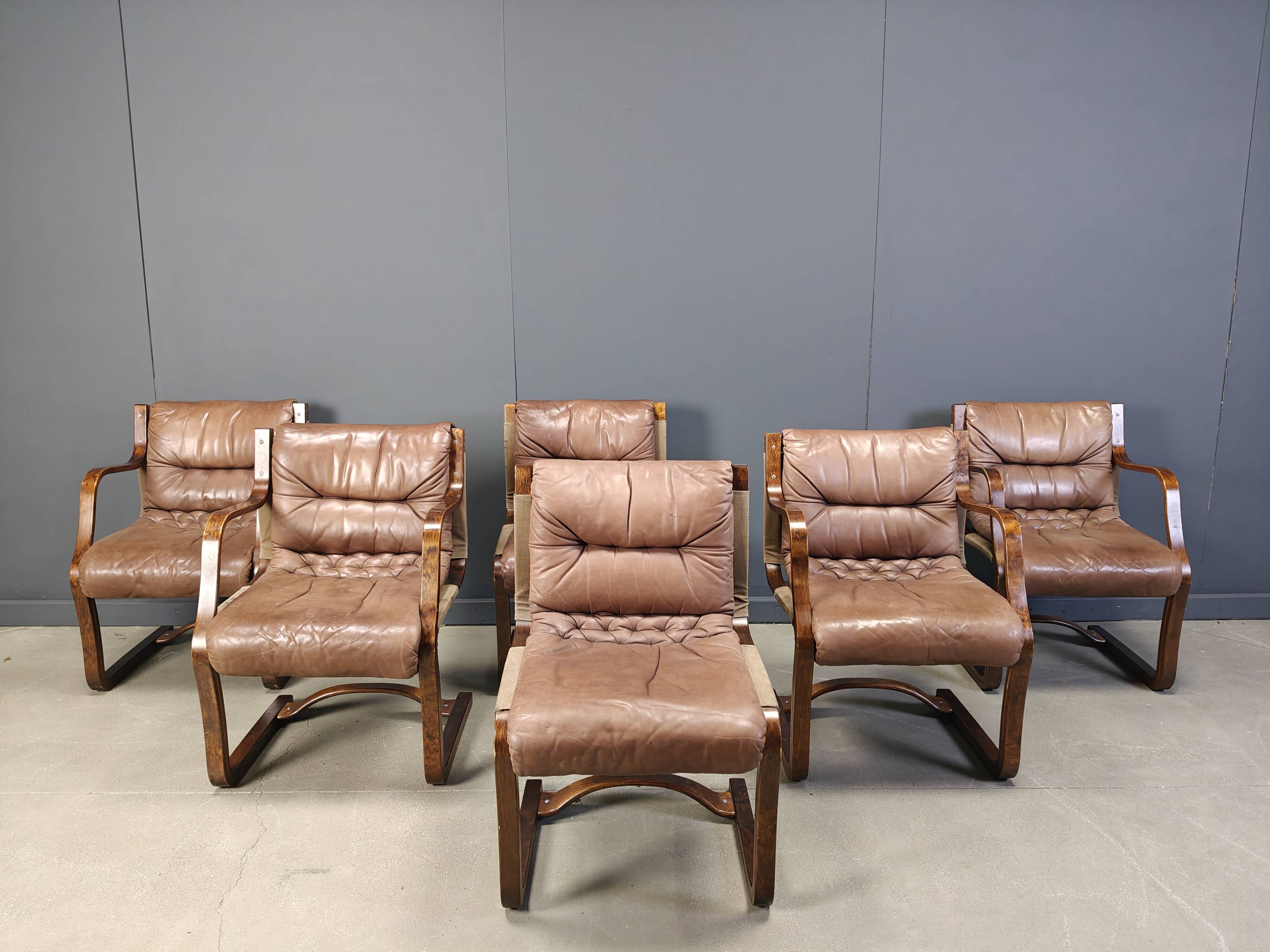 Vintage Asko Pajamies Finland Leather Plywood chairs, set of 6 - 1970s