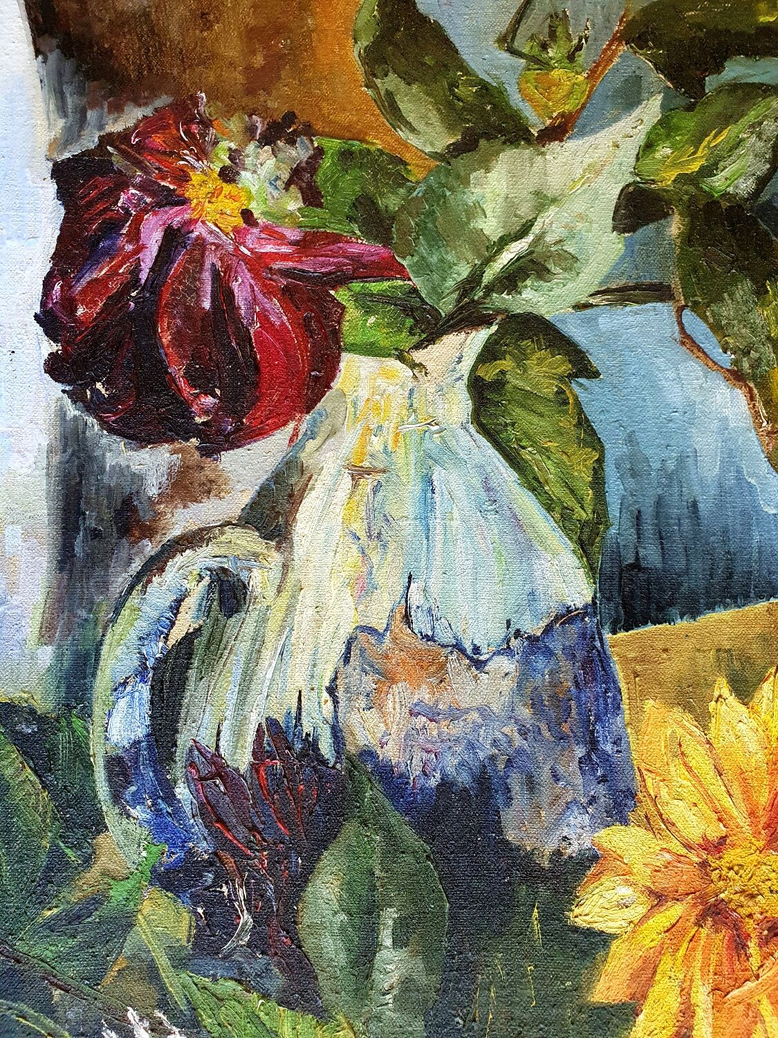 Old painting jug and summer flowers signed.