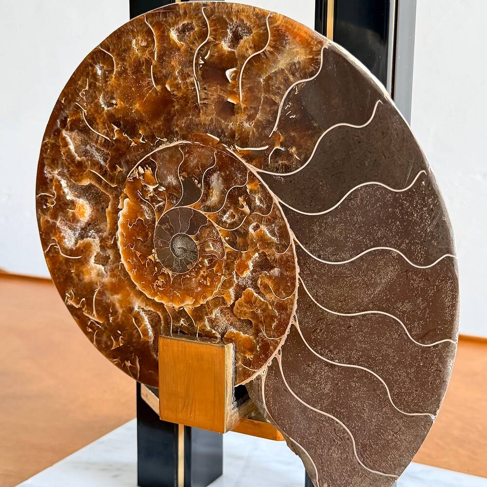 Paire de lampes ammonites Hollywood Regency en laiton, marbre et laque, France, années 70.
