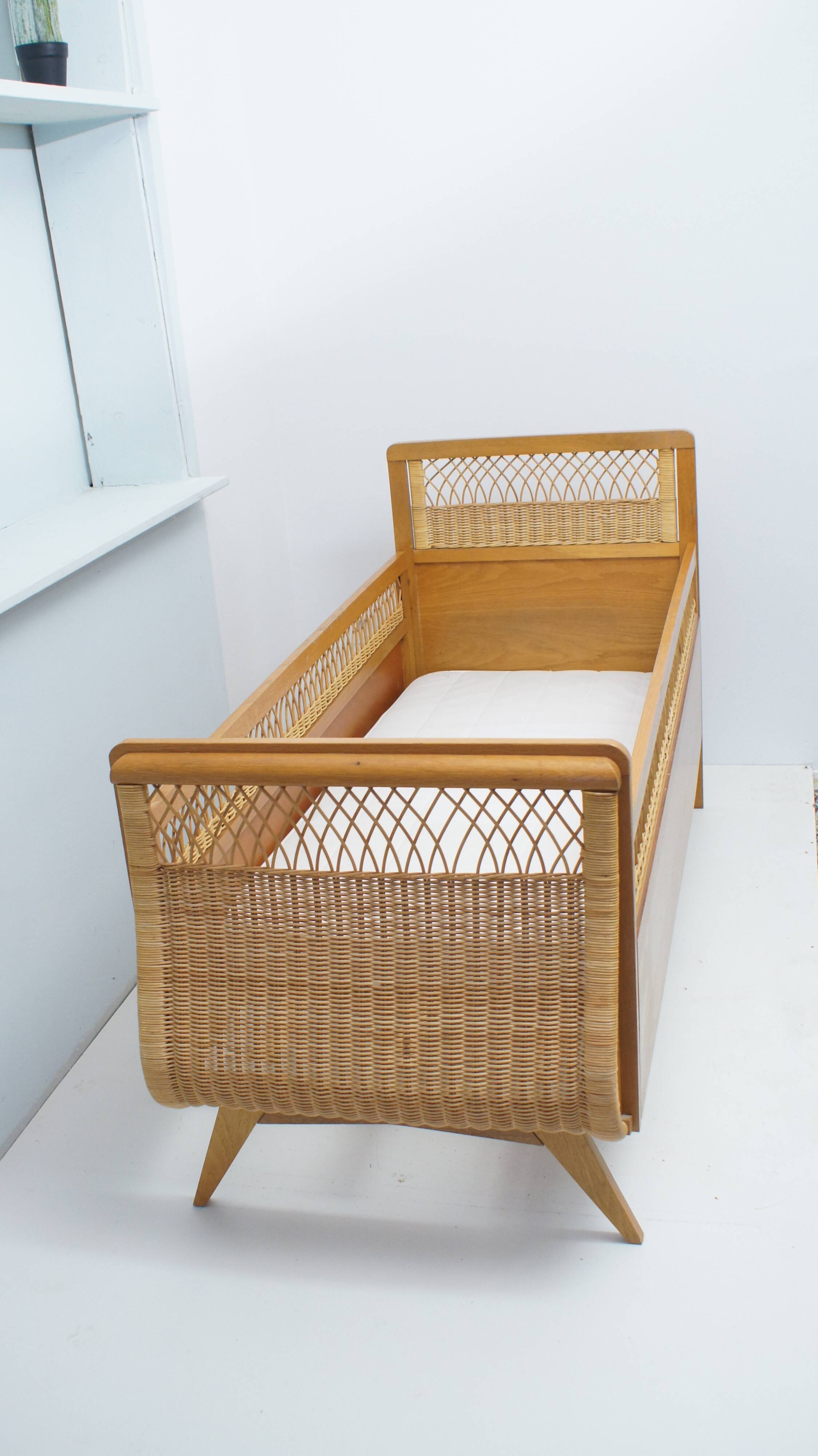 1960s oak and wicker baby bed
