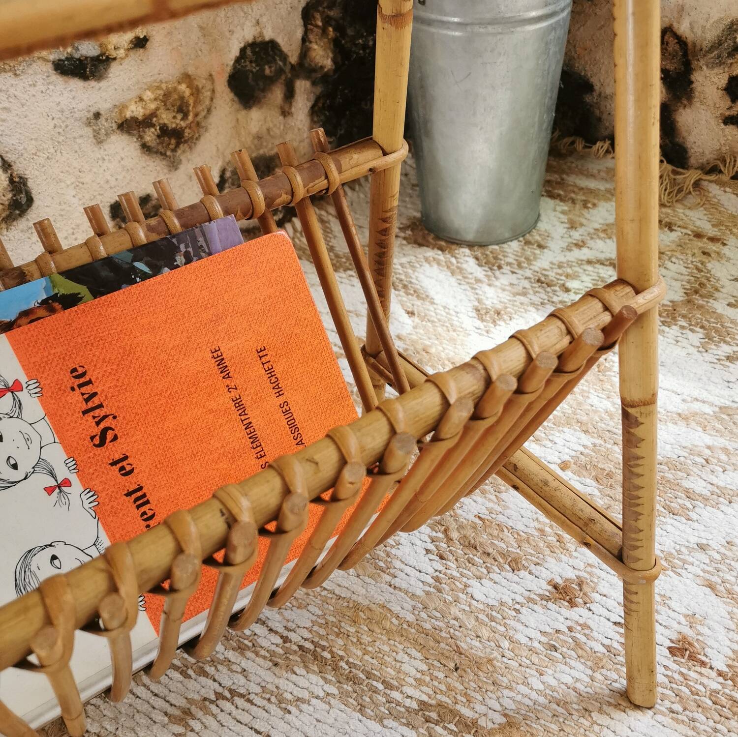 Rattan magazine rack, vintage side table