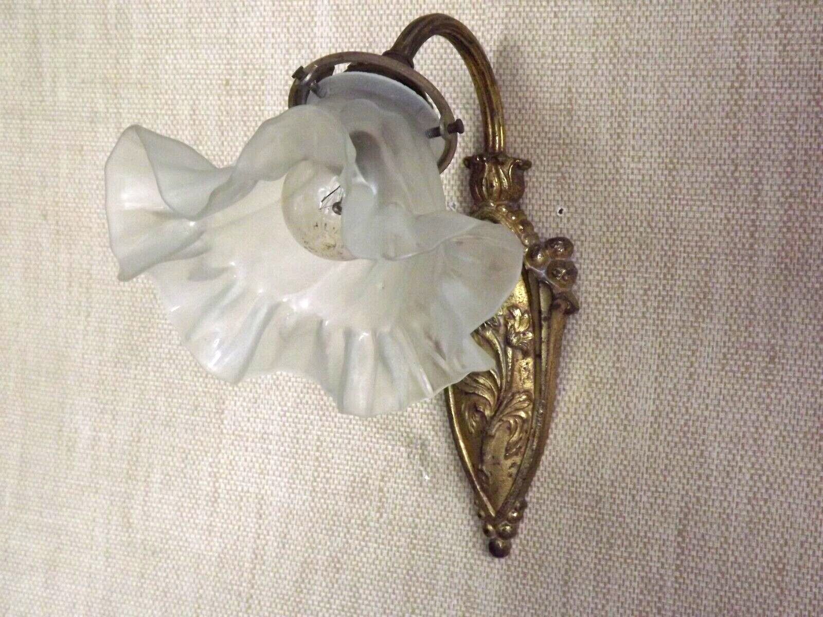 French art nouveau bronze wall light white frilled patterned glass shade 4213