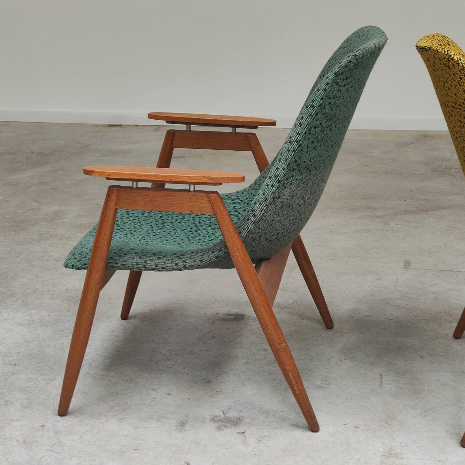 Pair of yellow and green resin and wood armchairs by Miroslav Navratil