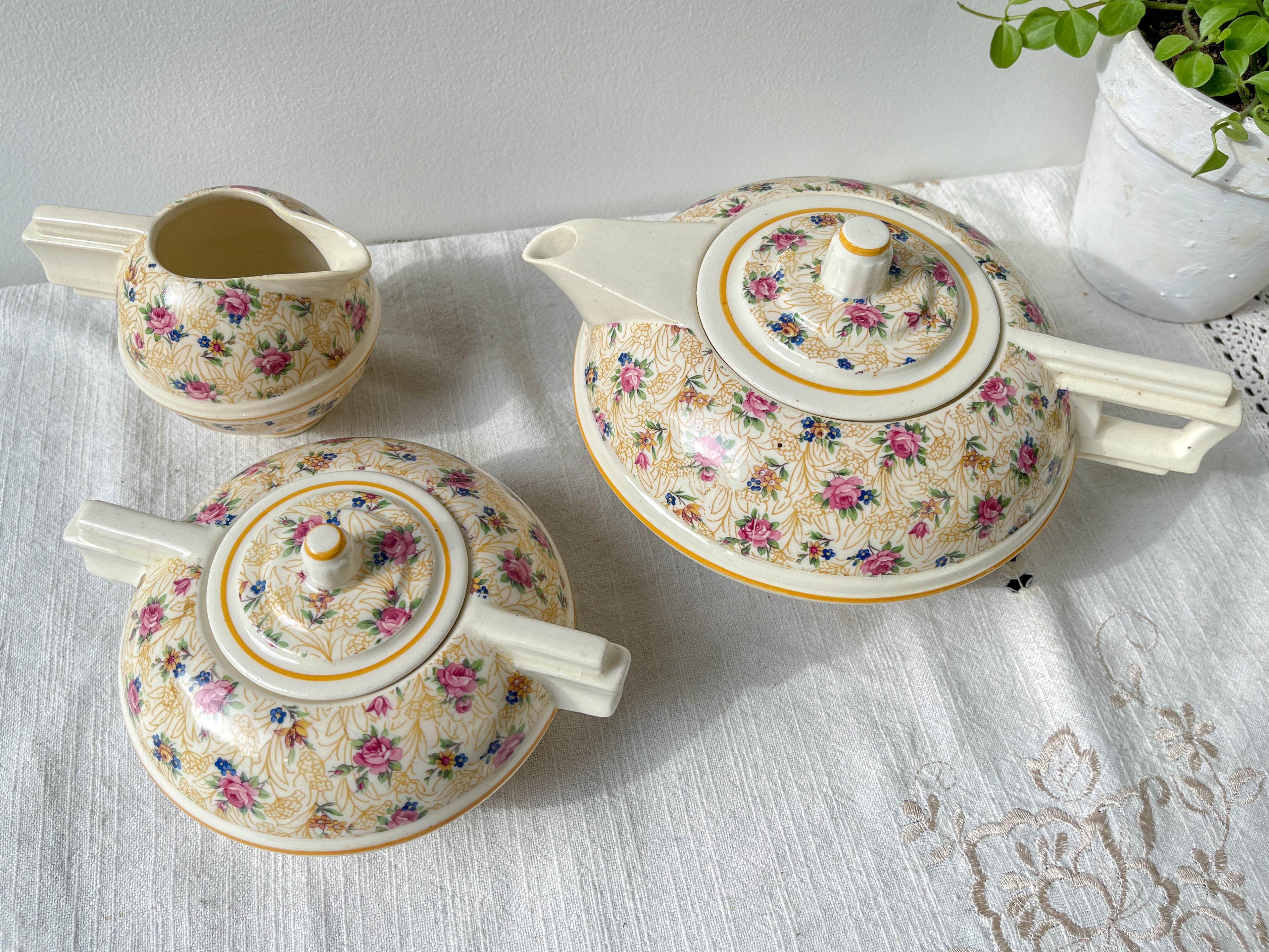 Robj Paris Coffee Tea Set with Floral Yellow Porcelain Core - Vintage Art Deco Style
