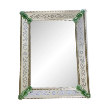 Italian Contemporary Murano Glass Mirror with Green Floral Accents Elegant