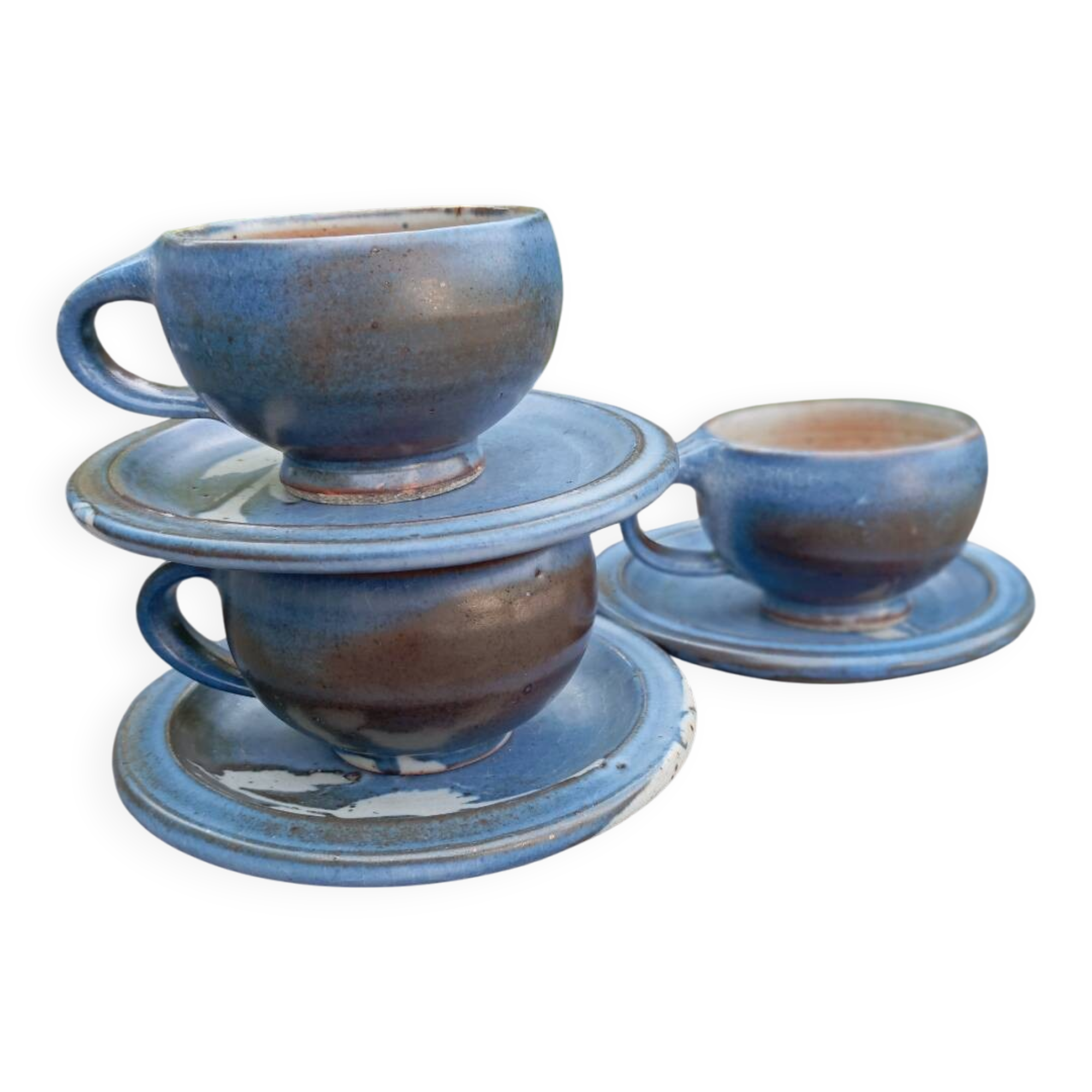 3 vintage blue and white stoneware cups and saucers signed