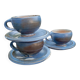 3 vintage blue and white stoneware cups and saucers signed