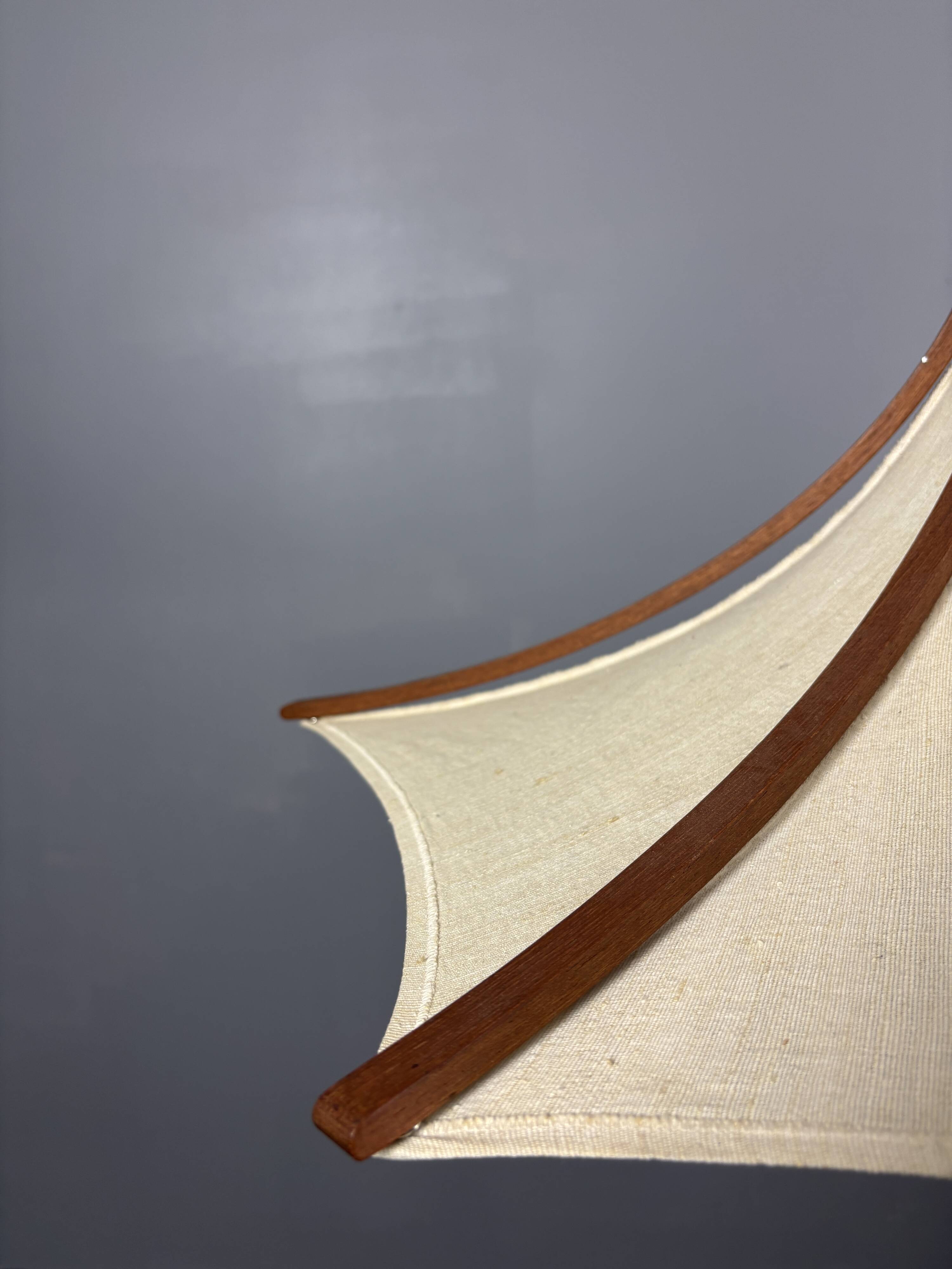 Teak And Linen Umbrella Counter Balance Pendant By Domus, 1970s