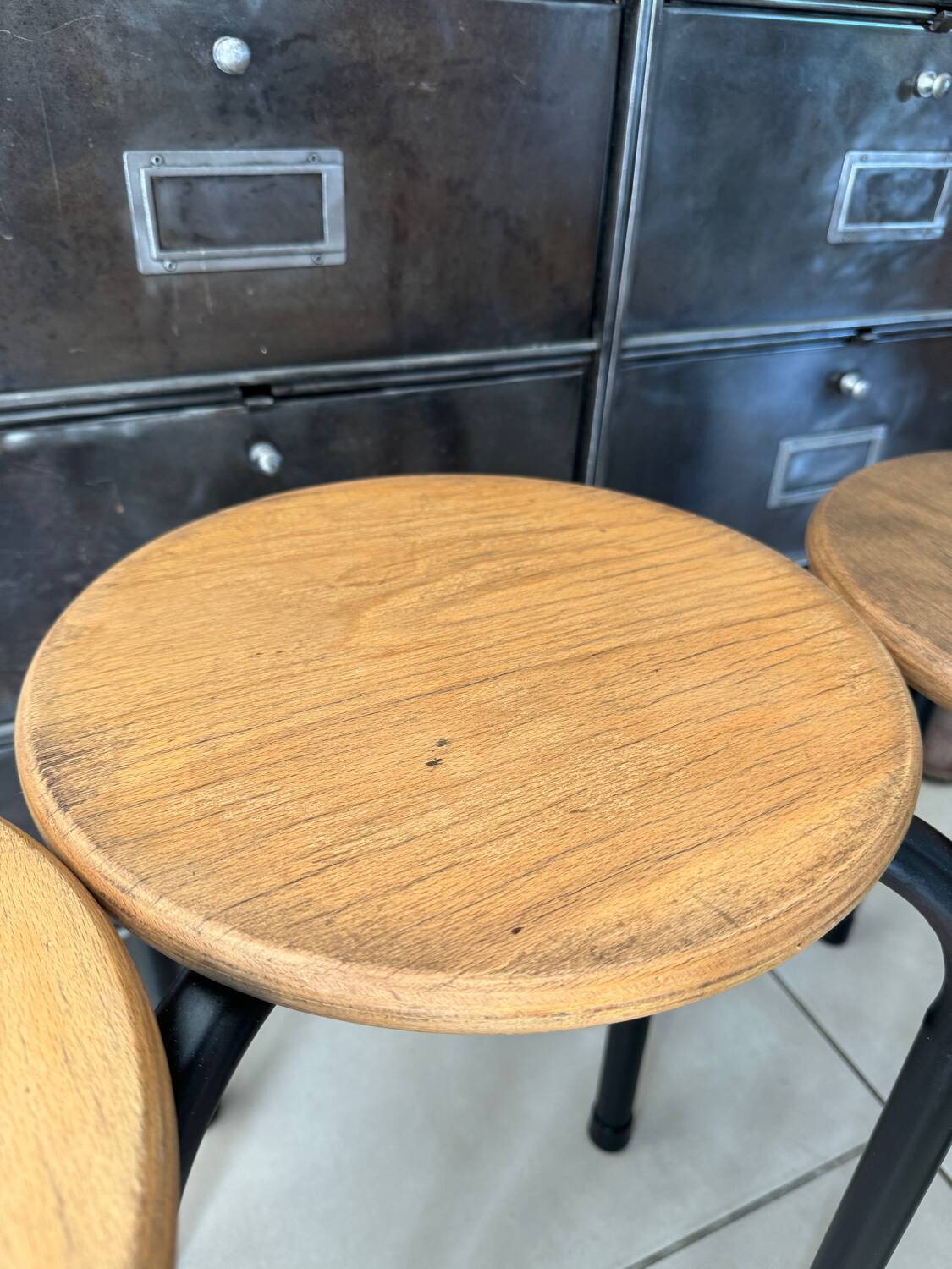 Series of 4 metal and wood school stools