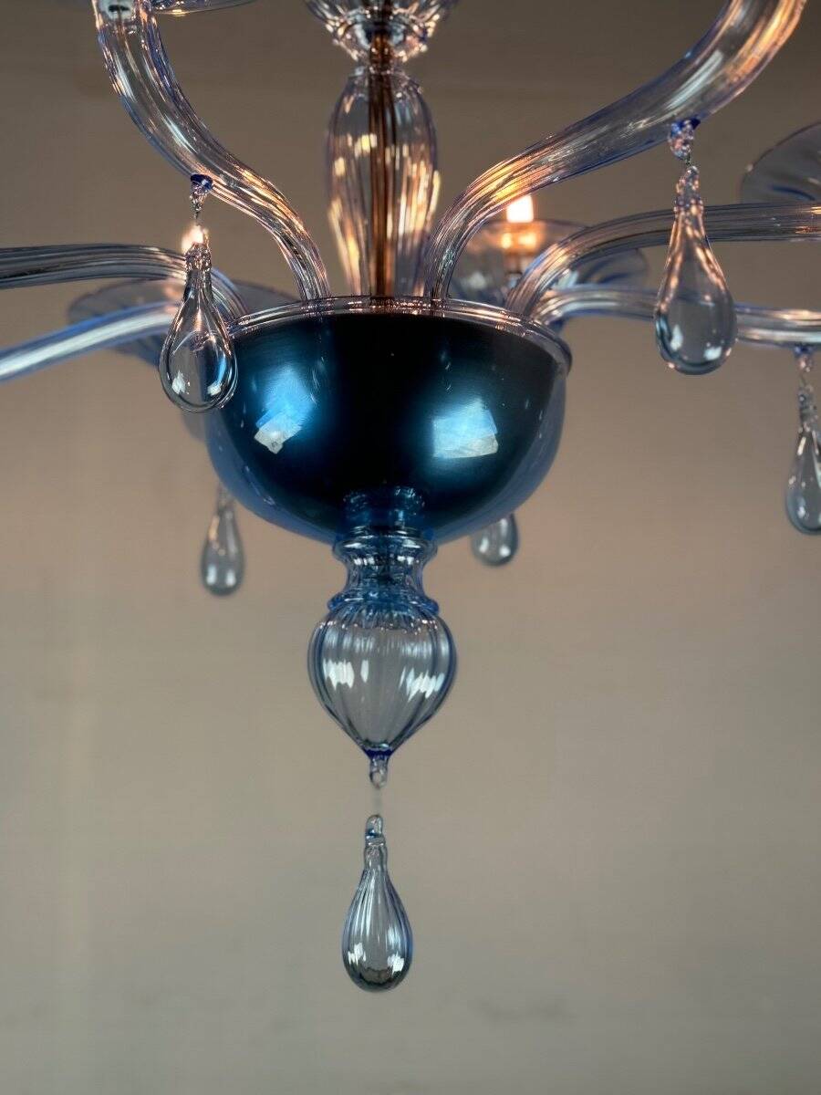 Blue murano glass venetian chandelier, 8 light arms