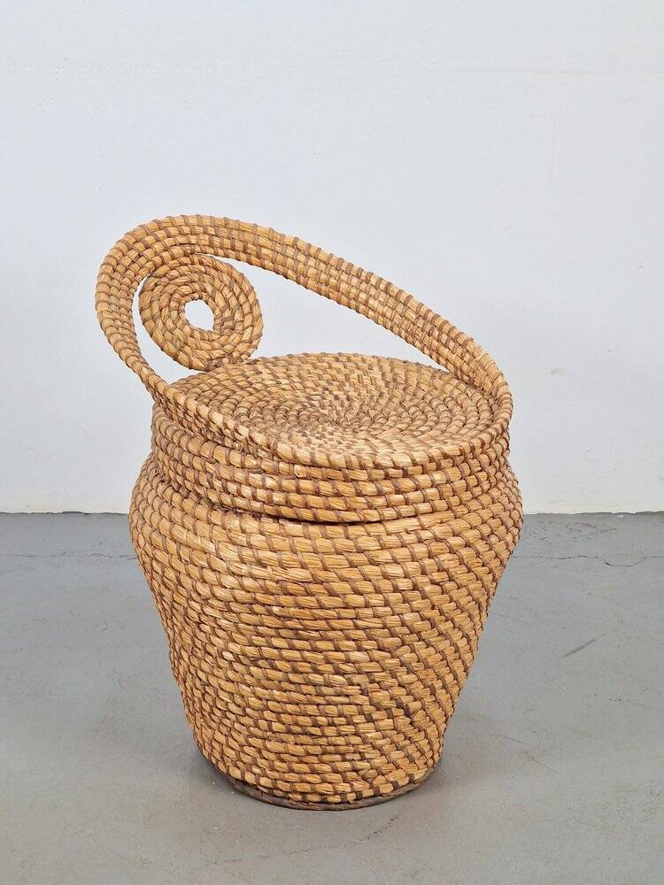 Vintage Straw and Wicker Stool with Storage Basket, 1960s