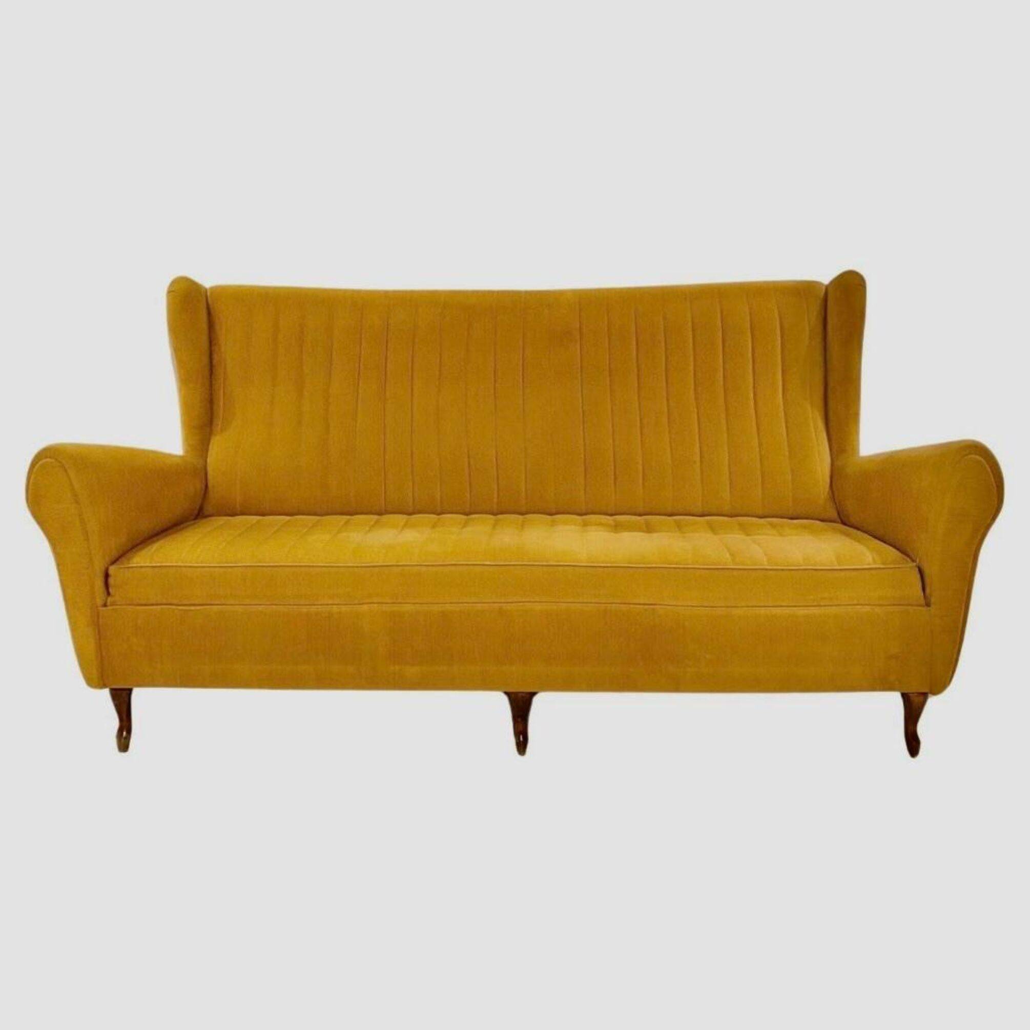 Mid-Century Three Seats Velvet Yellow Sofa, in the style of Gio Ponti
