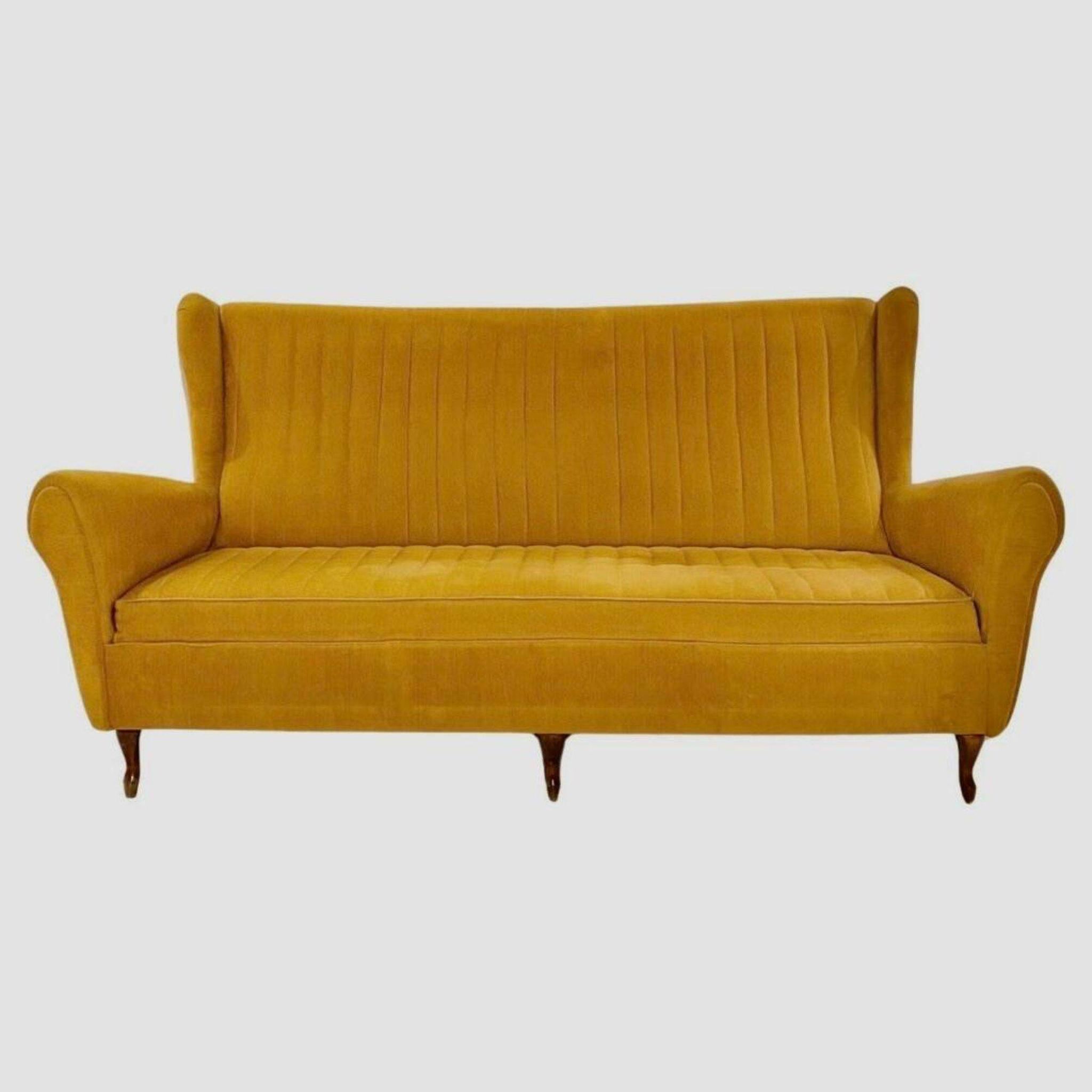 Mid-Century Three Seats Velvet Yellow Sofa, in the style of Gio Ponti