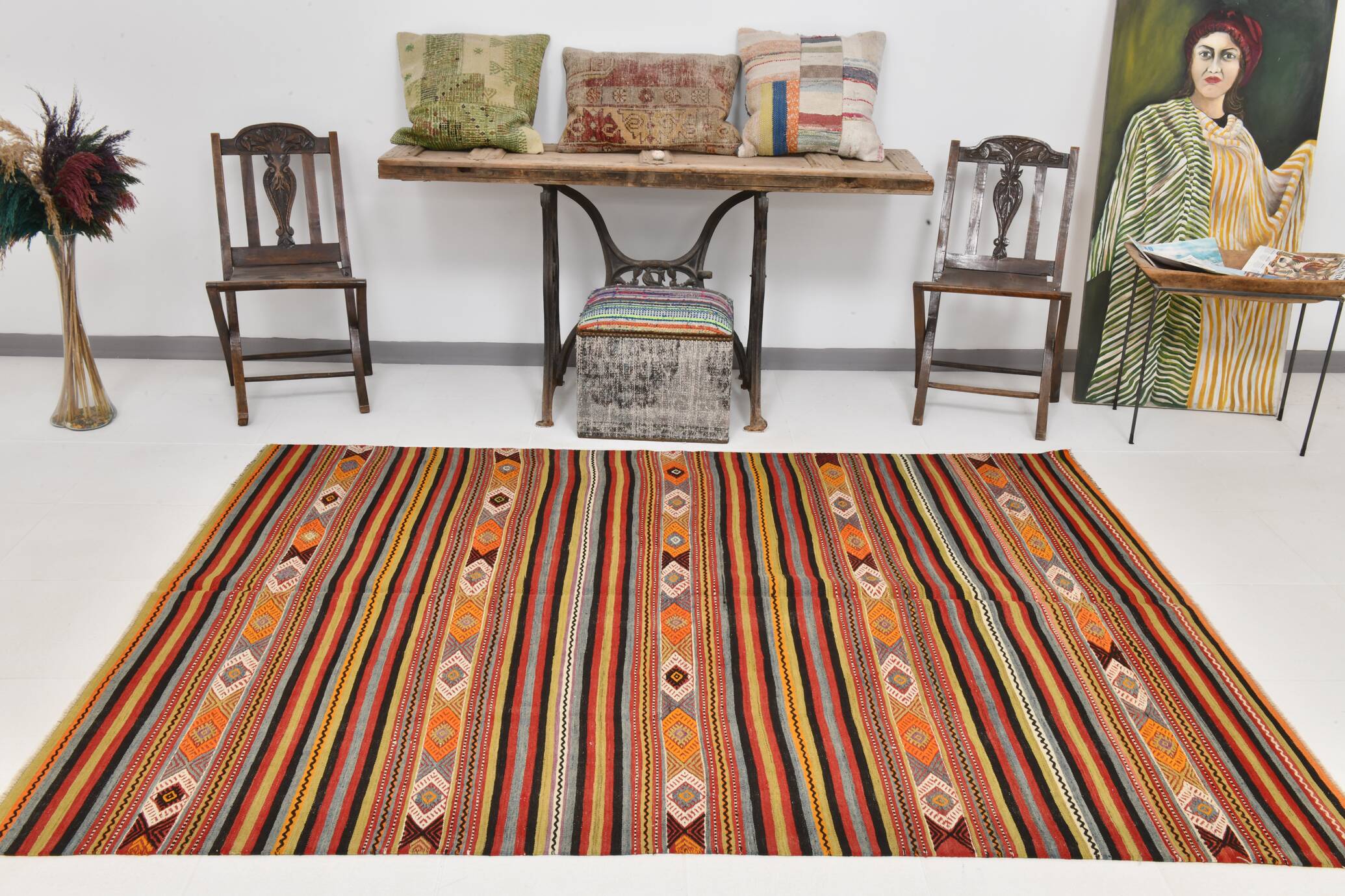 6x8 Red Blue Striped Vintage Kilim Rug  173x243Cm SK 33439