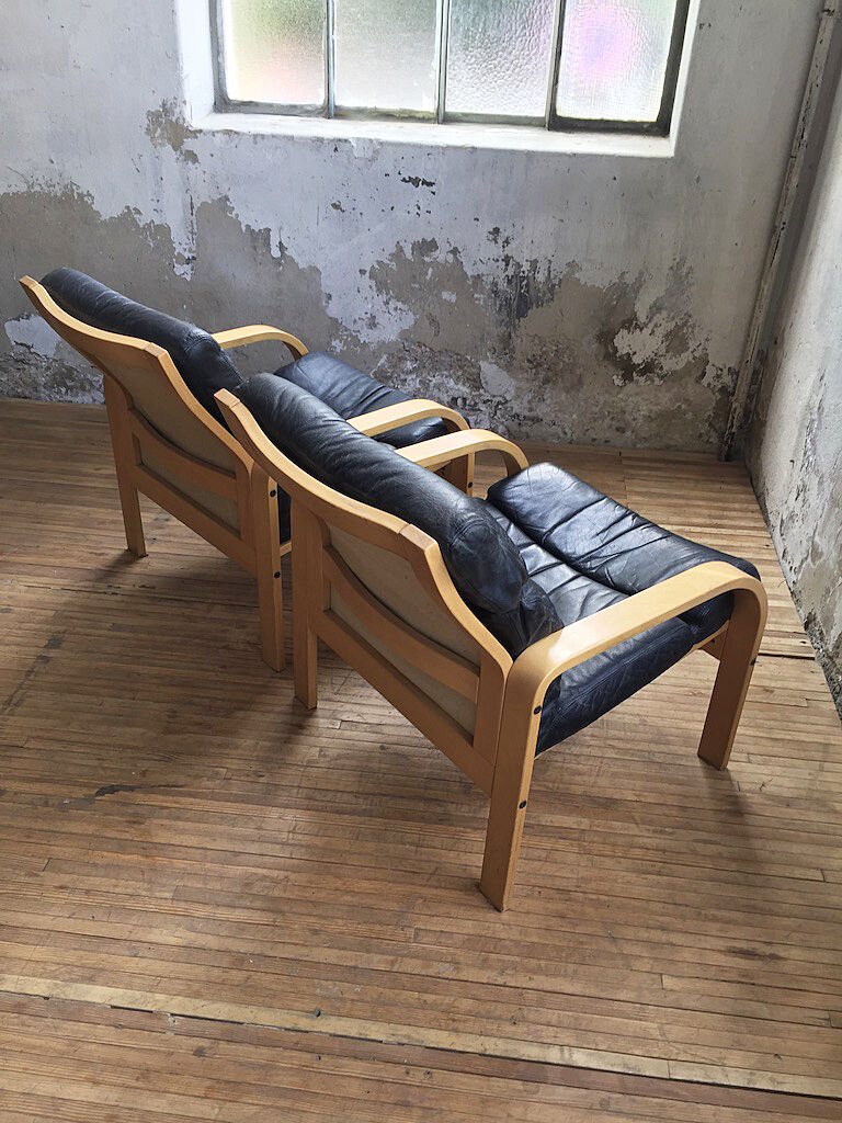 Danish sofa and armchairs curved wood and leather