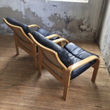 Danish sofa and armchairs curved wood and leather